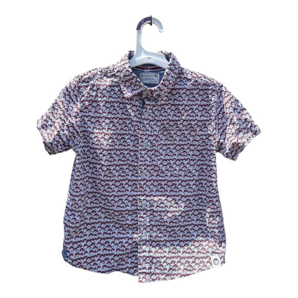 Boys Free Planet Shark Print Button Down Shirt Sz 6 White Palm Tree Short Sleeve - Picture 6 of 11